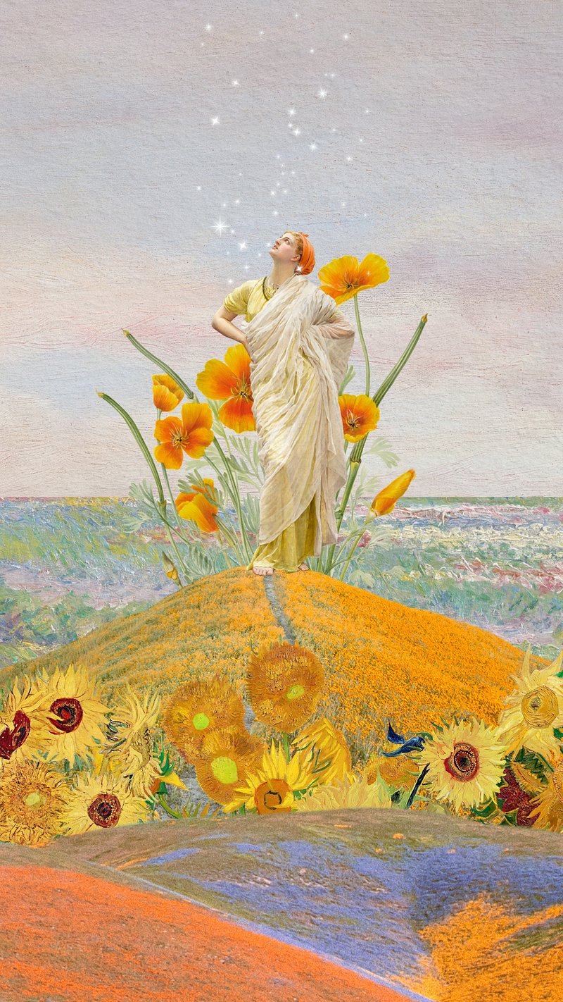 Lady on a hill with surrounding flowers.